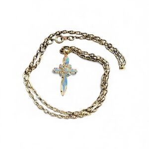 Vintage Gold Tone Aurora Borealis Crystal Cross Necklace